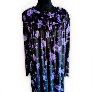 Aria Collections Long Sleeve Velour Nite Gown Sz L Black Purple Floral Pockets